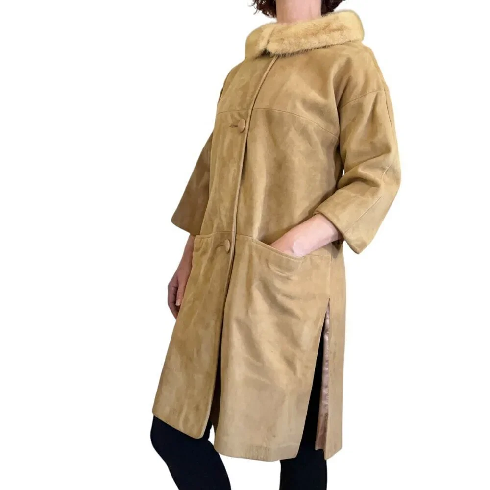 Vintage Suede Leather Car Coat with Palomino Blonde Mink Fur Stole Collar - Picture 2 of 11
